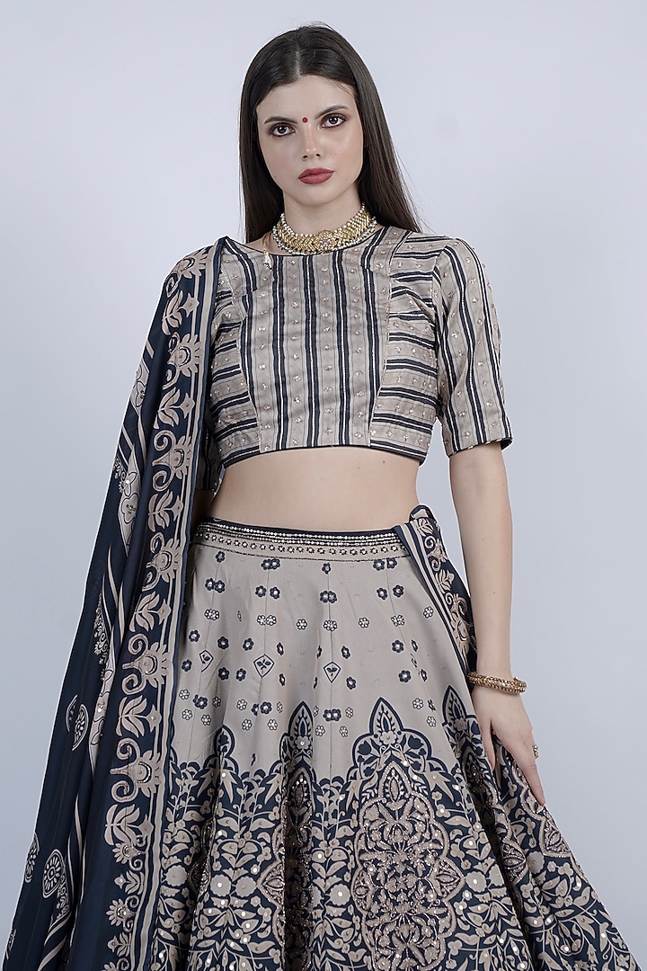 Black & Beige Raw Silk Printed & Embroidered Wedding Lehenga Set by Neha & Tarun at Pernia's Pop Up Shop