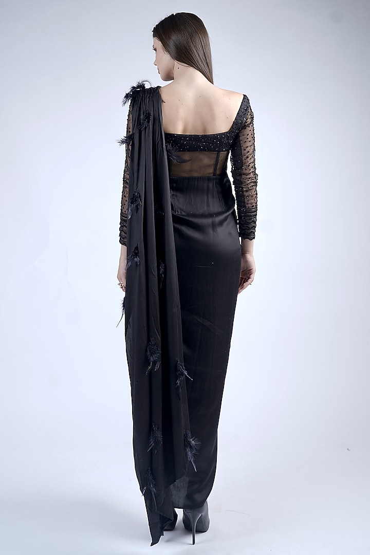 Black Bemberg Pre-Stitched Wedding Saree With Attached Blouse by Neha & Tarun at Pernia's Pop Up Shop
