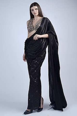 Black Organza & Satin Thread Embroidered Pre-Stitched Saree Set by Neha & Tarun