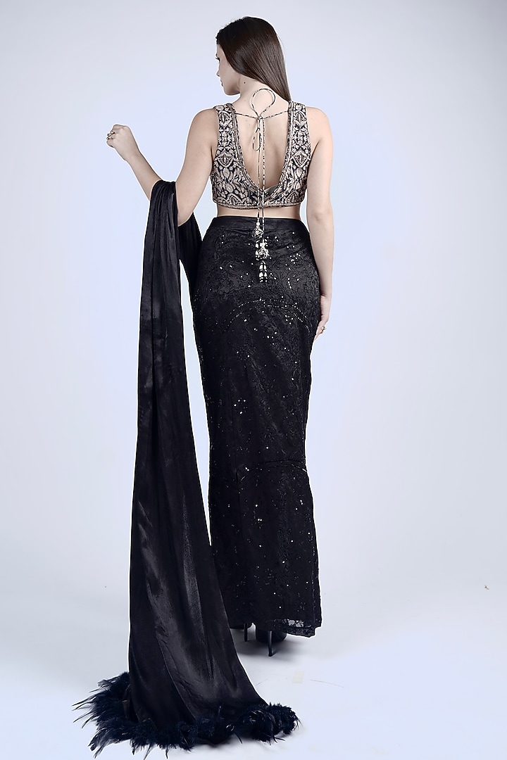 Black Organza & Satin Thread Embroidered Pre-Stitched Wedding Saree Set by Neha & Tarun at Pernia's Pop Up Shop