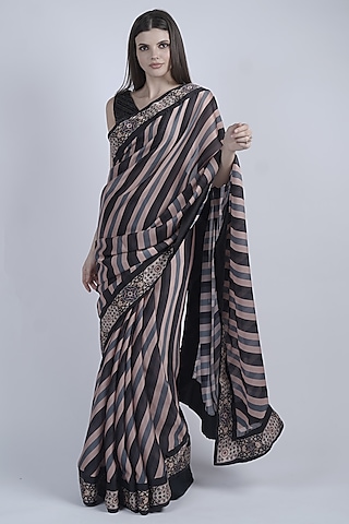 Multi-Colored Satin Georgette Stripe Printed Saree Set by Neha & Tarun