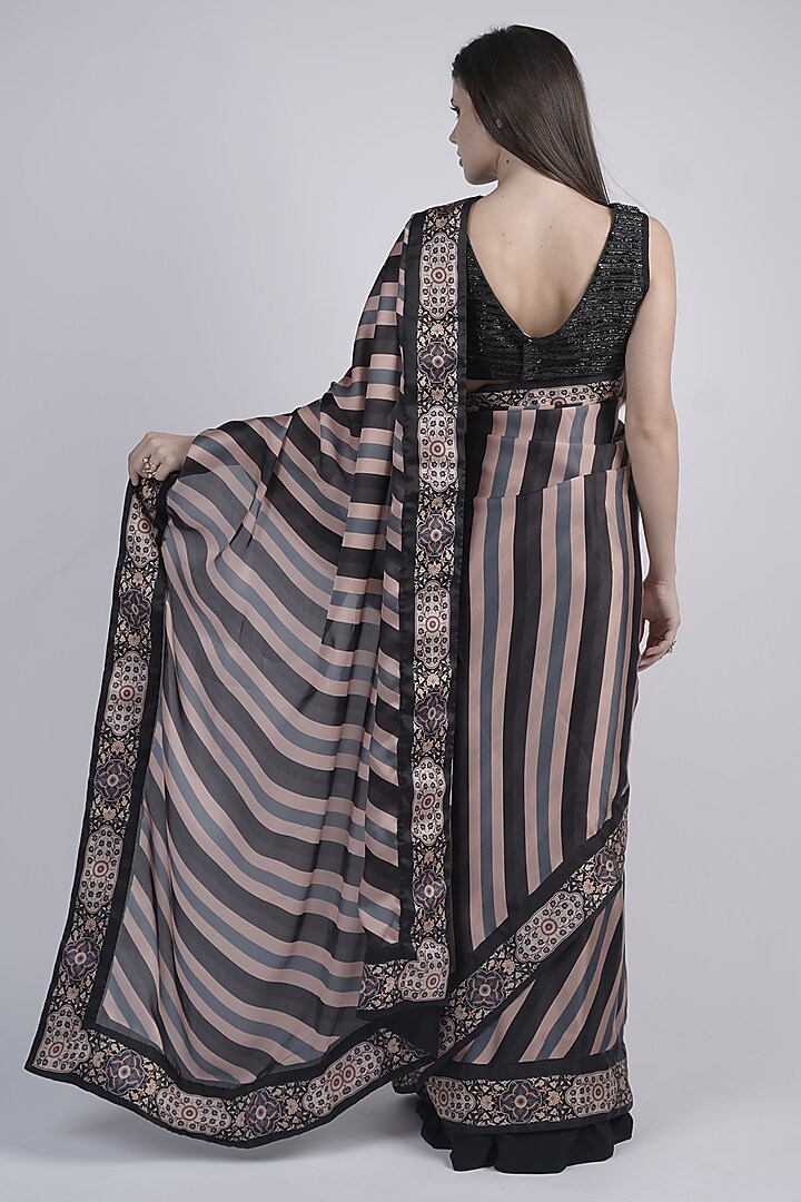 Multi-Colored Satin Georgette Stripe Printed Party Wear Saree Set by Neha & Tarun at Pernia's Pop Up Shop