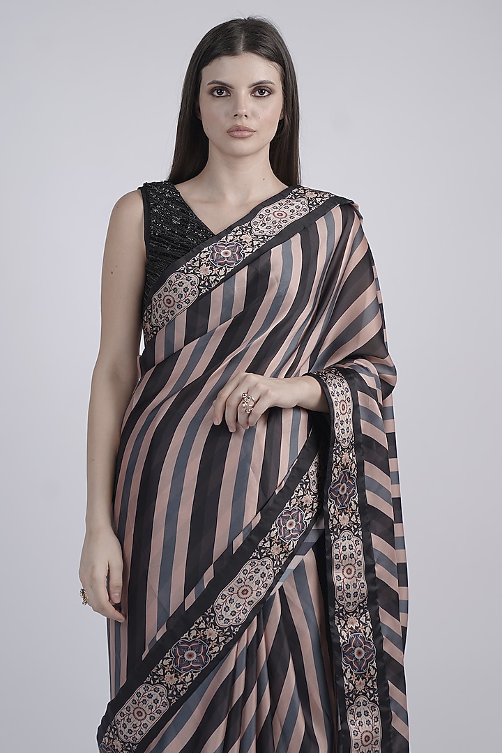 Multi-Colored Satin Georgette Stripe Printed Party Wear Saree Set by Neha & Tarun at Pernia's Pop Up Shop