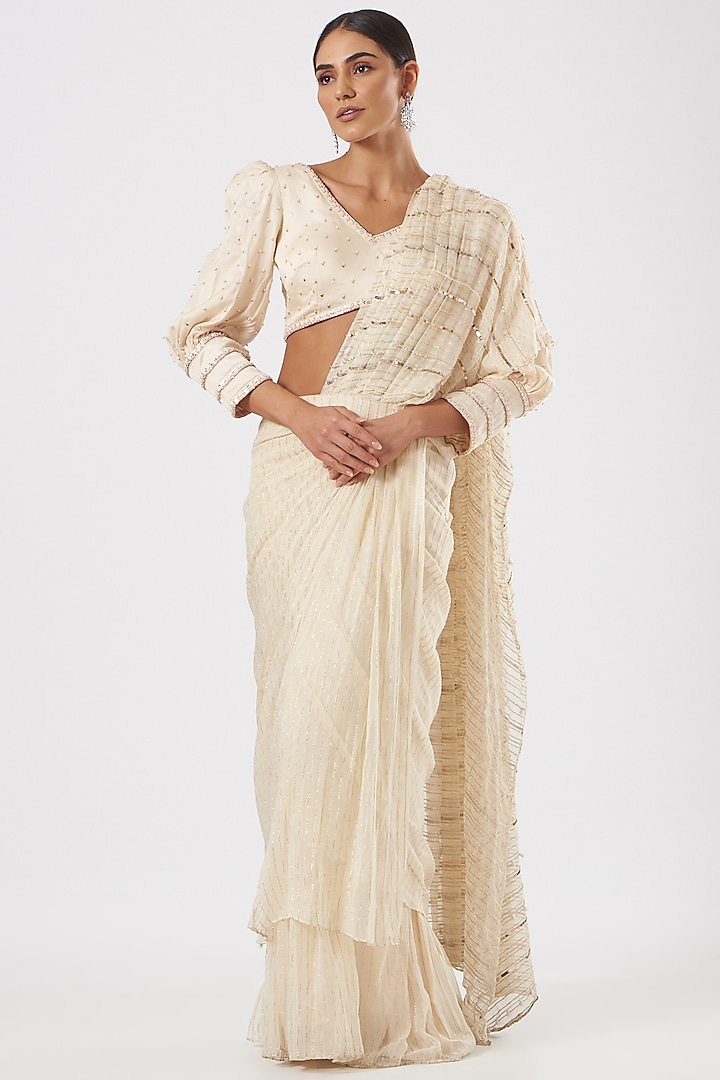 Beige Georgette Embroidered Saree Set by Neha & Tarun