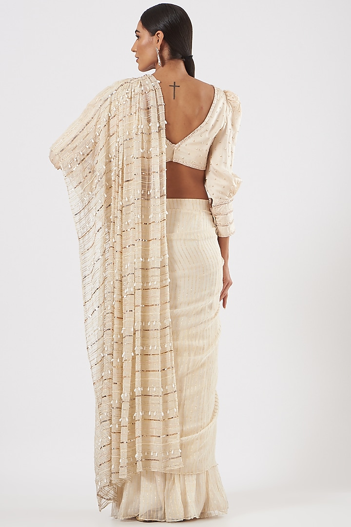 Beige Georgette Embroidered Wedding Saree Set by Neha & Tarun at Pernia's Pop Up Shop