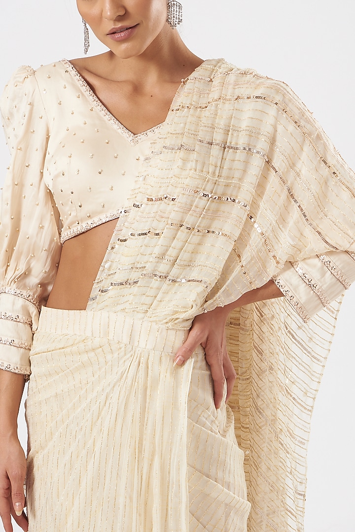 Beige Georgette Embroidered Wedding Saree Set by Neha & Tarun at Pernia's Pop Up Shop