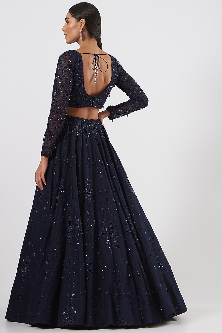 Dark Blue Embroidered Wedding Lehenga Set by Neha & Tarun at Pernia's Pop Up Shop