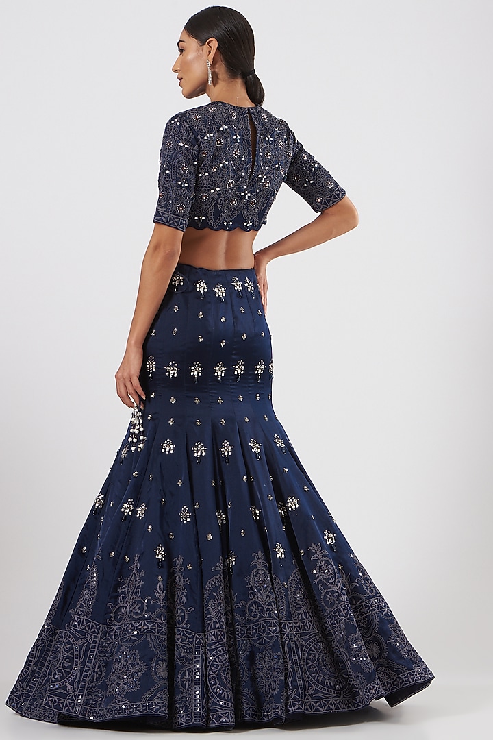 Dark Blue Embroidered Flared Bridal Lehenga Set by Neha & Tarun at Pernia's Pop Up Shop