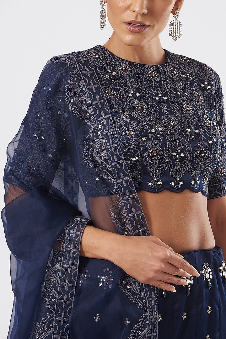 Dark Blue Embroidered Flared Bridal Lehenga Set by Neha & Tarun at Pernia's Pop Up Shop