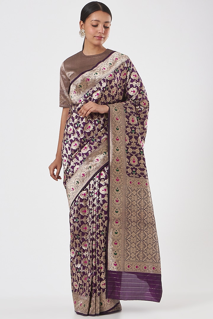 Purple Katan Silk Saree Set by Neha & Tarun