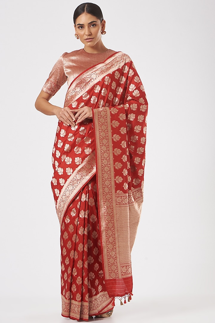 Red Pure Katan Silk Zari Embroidered Saree Set by Neha & Tarun