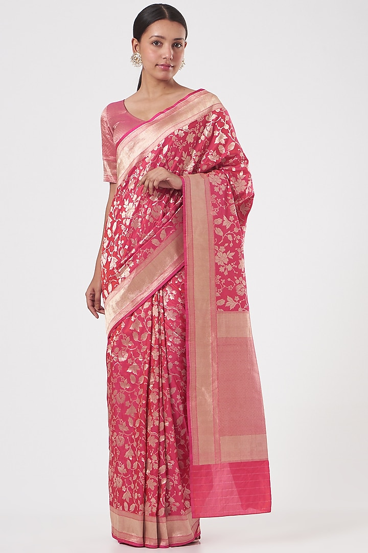 Pink Katan Silk Zari Embroidered Saree Set by Neha & Tarun