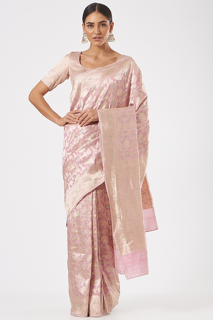Light Pink Pure Katan Silk Zari Embroidered Saree Set by Neha & Tarun