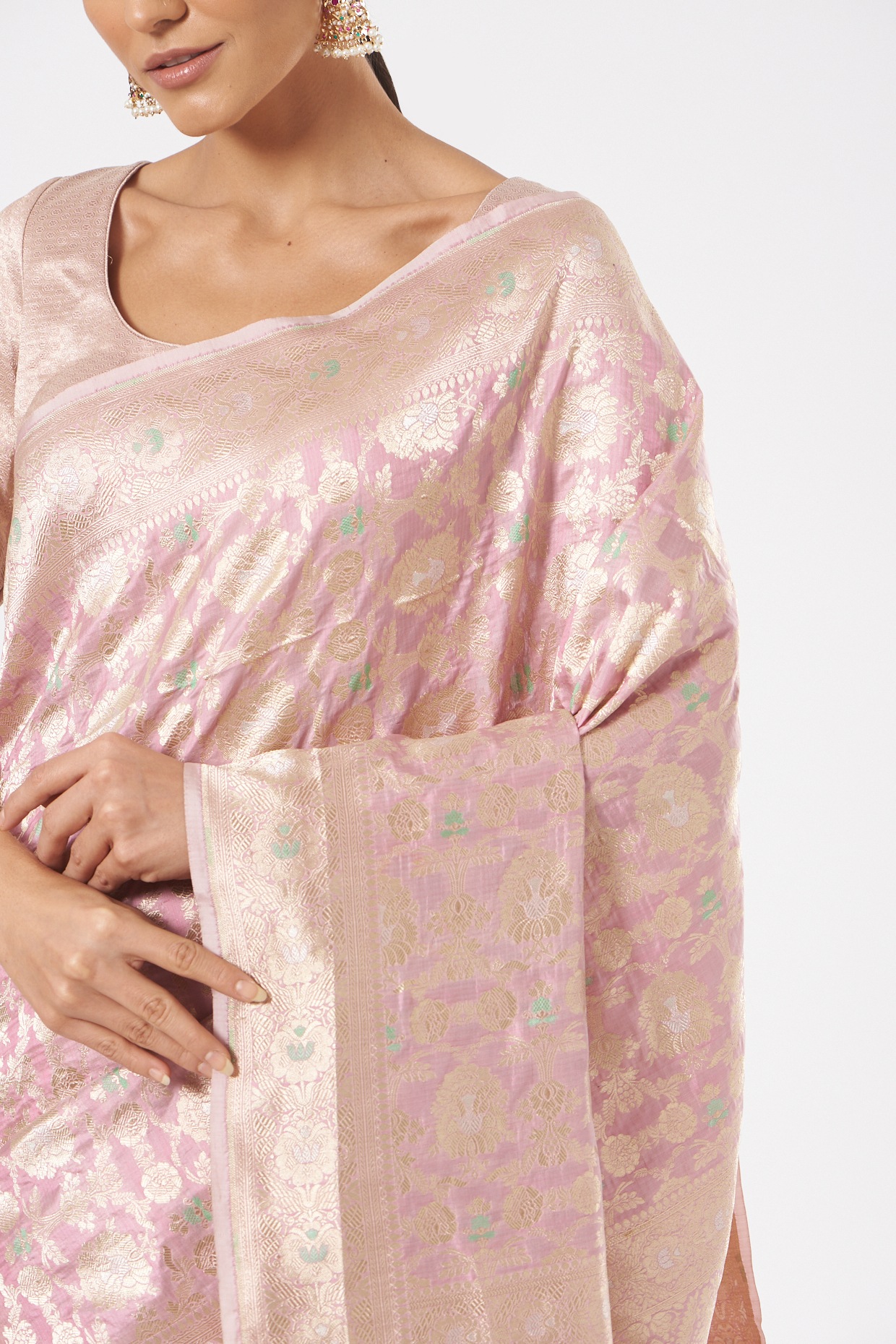 Buy Powder Pink Katan Silk Banarasi Saree Online in USA| Zari Stripes –  Pure Elegance