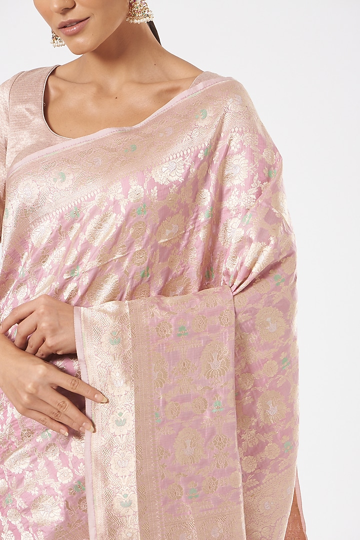 Light Pink Pure Katan Silk Zari Embroidered Wedding Saree Set by Neha & Tarun at Pernia's Pop Up Shop