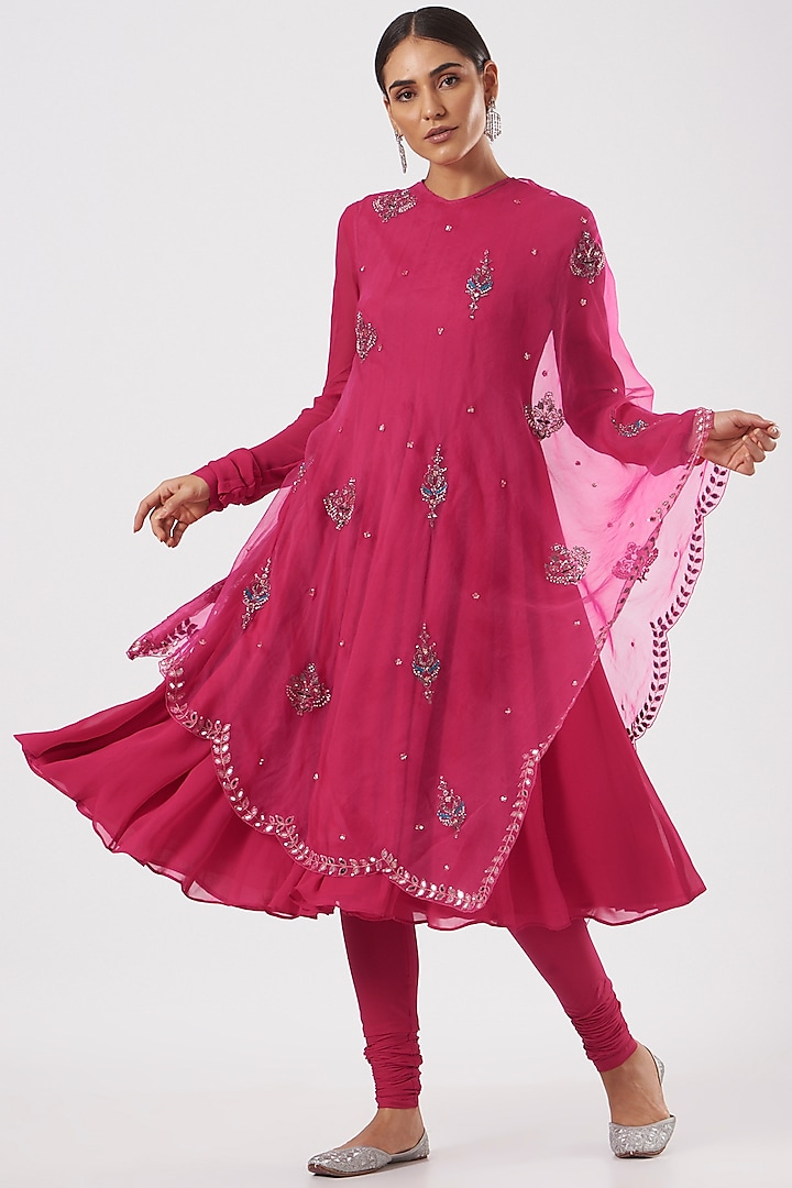 Fuchsia Georgette Embroidered Anarkali Set by Neha & Tarun