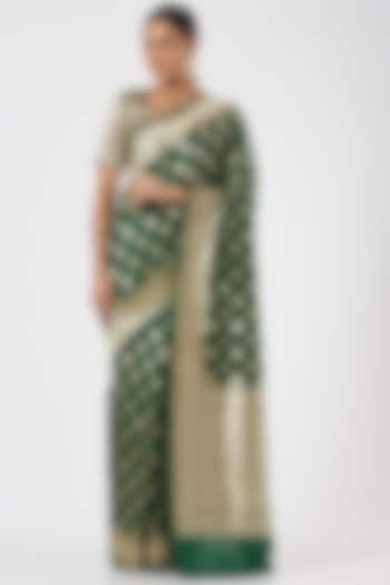 Green Pure Katan Silk Zari Boota Embroidered Saree Set by Neha & Tarun