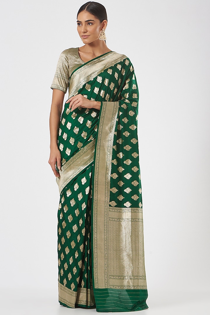 Green Katan Silk Saree Set by Neha & Tarun