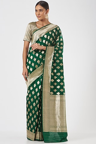Green Pure Katan Silk Zari Boota Embroidered Saree Set by Neha & Tarun