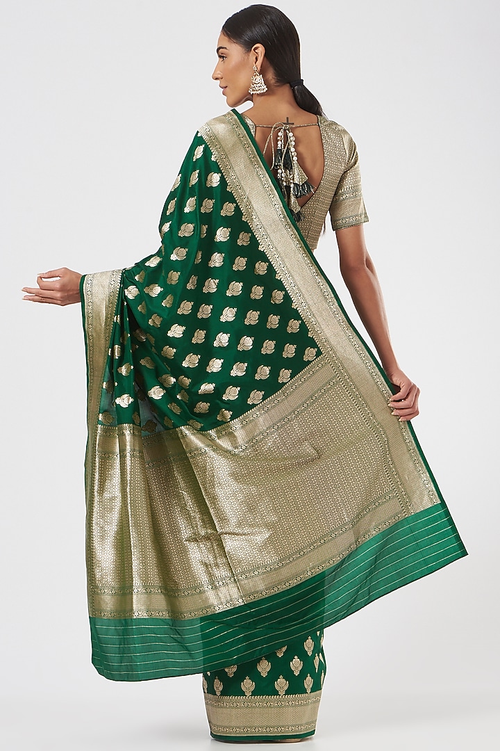 Green Pure Katan Silk Zari Boota Embroidered Wedding Saree Set by Neha & Tarun at Pernia's Pop Up Shop