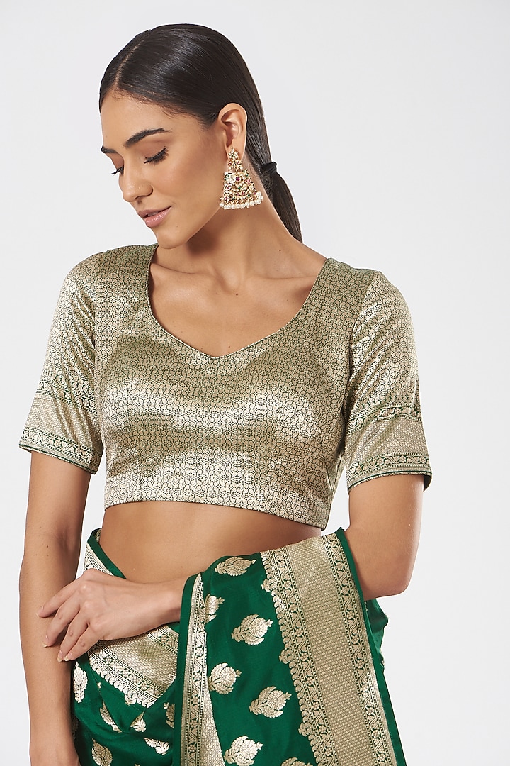 Green Pure Katan Silk Zari Boota Embroidered Wedding Saree Set by Neha & Tarun at Pernia's Pop Up Shop