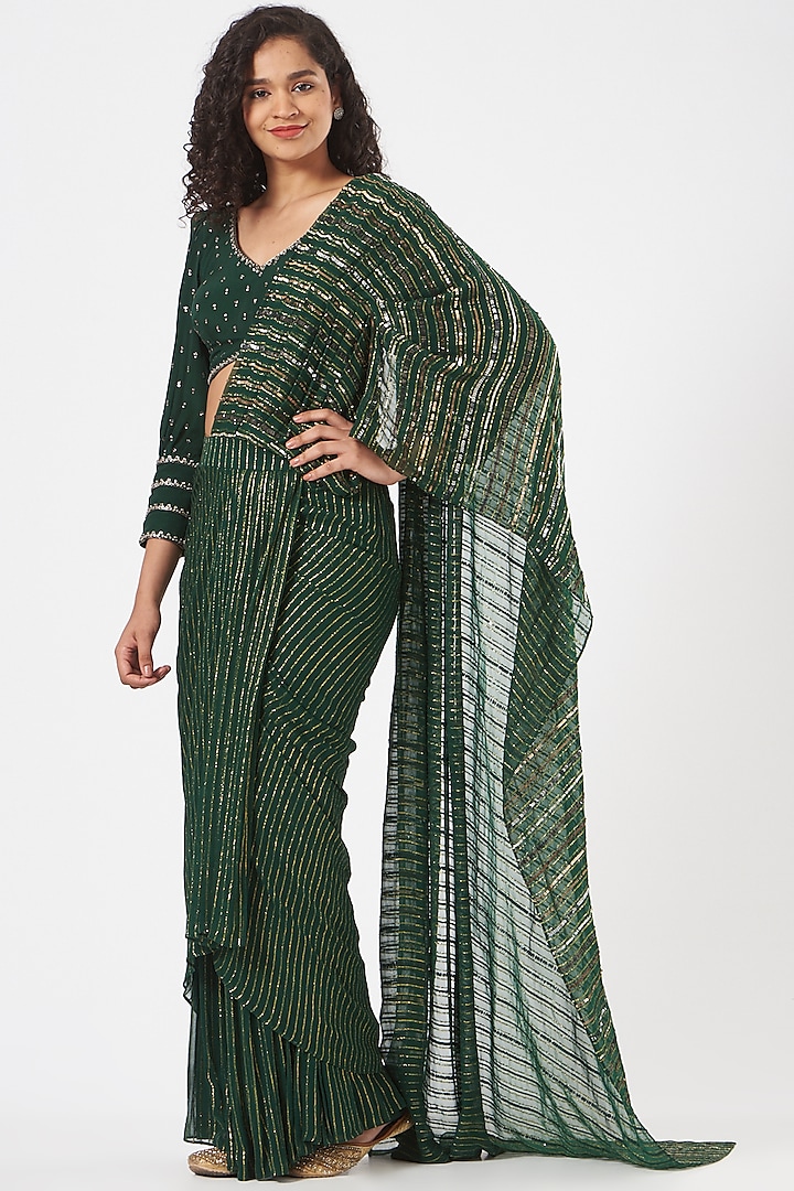 Emerald Green Embroidered Pre-Stitched Saree Set by Neha & Tarun