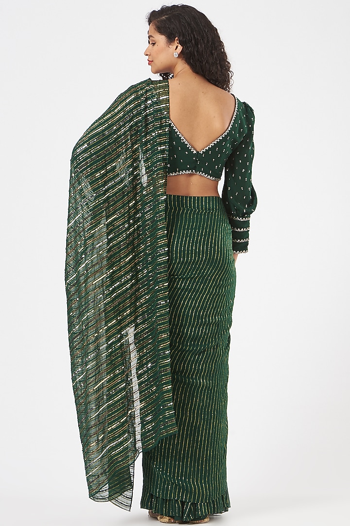 Emerald Green Embroidered Pre-Stitched Wedding Saree Set by Neha & Tarun at Pernia's Pop Up Shop