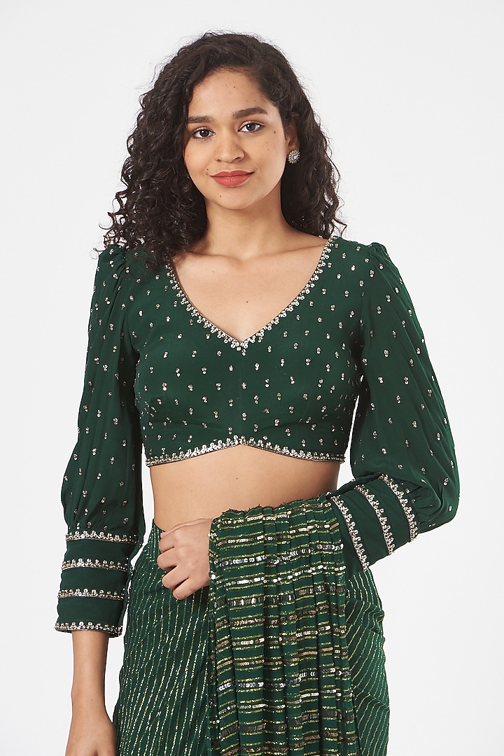 Emerald Green Embroidered Pre-Stitched Wedding Saree Set by Neha & Tarun at Pernia's Pop Up Shop