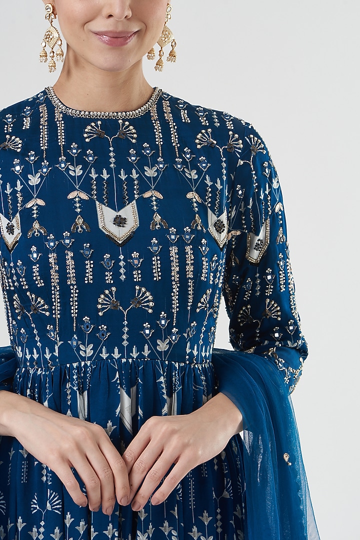 Cobalt Blue Modal Printed Kurta Set by Neha & Tarun at Pernia's Pop Up Shop