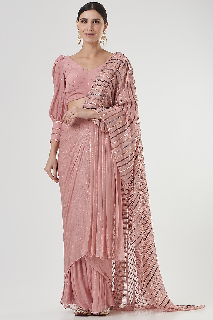 Blush Pink Embroidered Pre-Draped Saree Set by Neha & Tarun