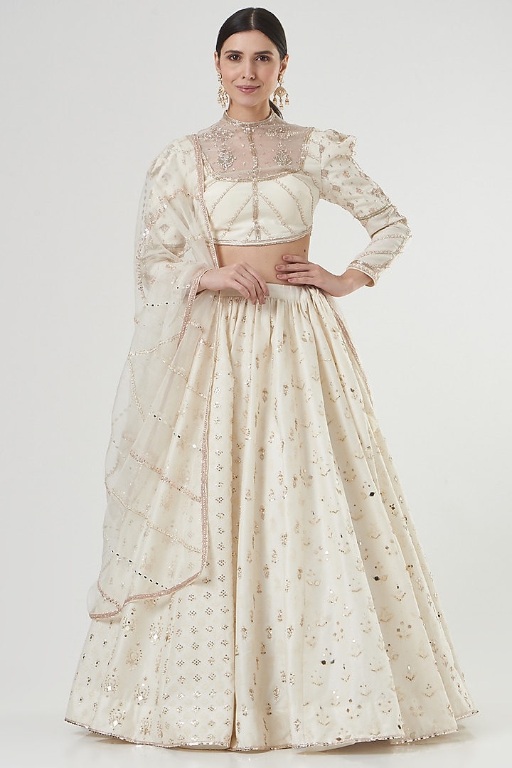 White Silk Printed & Embroidered Wedding Lehenga Set by Neha & Tarun at Pernia's Pop Up Shop