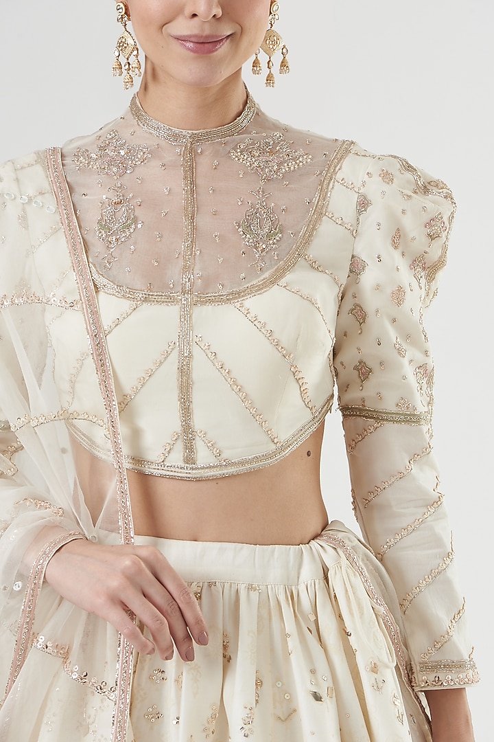 White Silk Printed & Embroidered Wedding Lehenga Set by Neha & Tarun at Pernia's Pop Up Shop