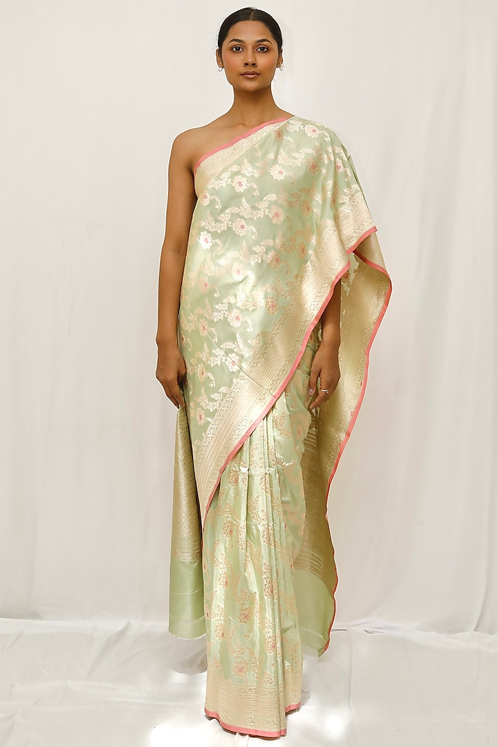 Sea Green Pure Katan Silk Zari Jaal Work Wedding Saree Set by Neha & Tarun at Pernia's Pop Up Shop