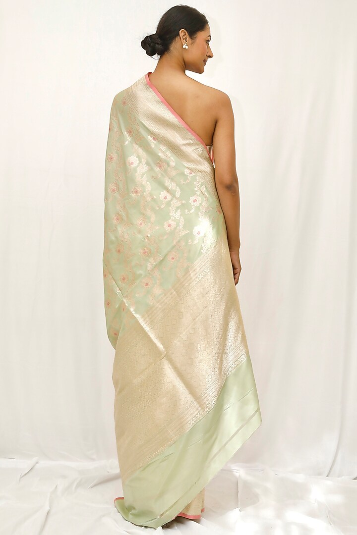 Sea Green Pure Katan Silk Zari Jaal Work Wedding Saree Set by Neha & Tarun at Pernia's Pop Up Shop