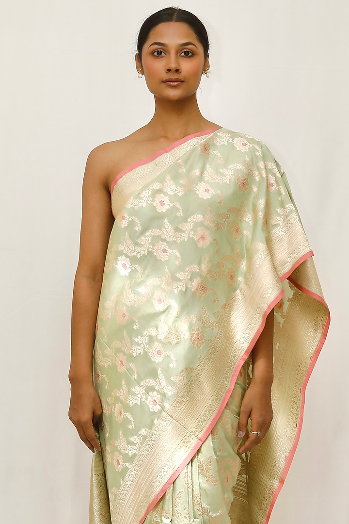 Sea Green Pure Katan Silk Zari Jaal Work Wedding Saree Set by Neha & Tarun at Pernia's Pop Up Shop