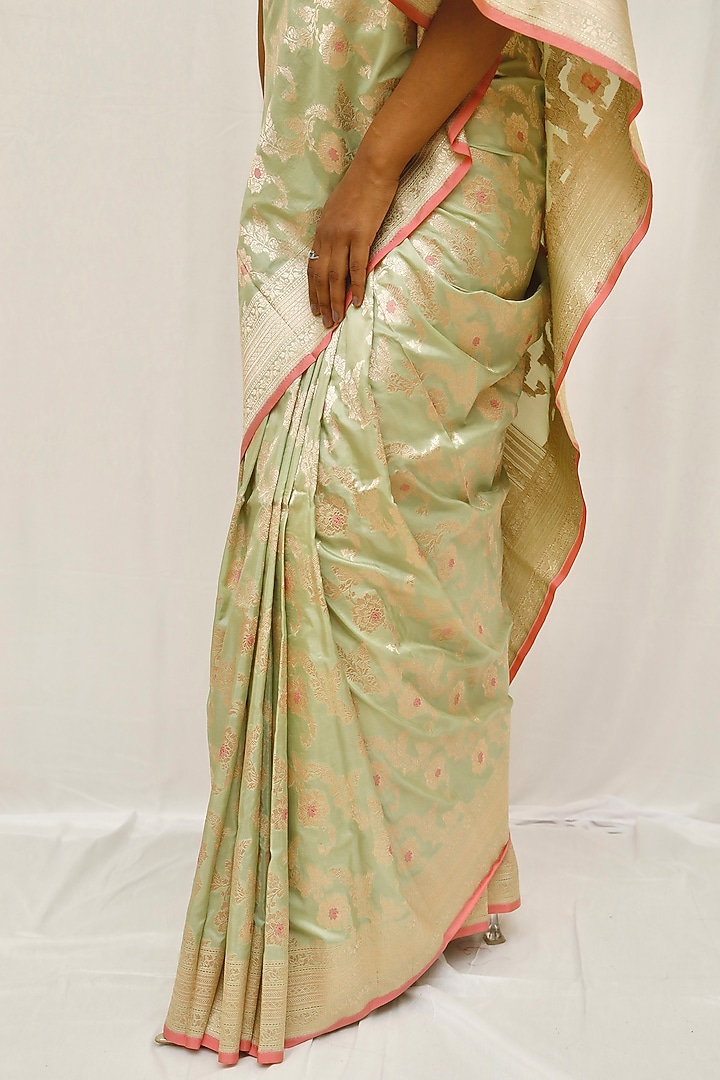 Sea Green Pure Katan Silk Zari Jaal Work Wedding Saree Set by Neha & Tarun at Pernia's Pop Up Shop