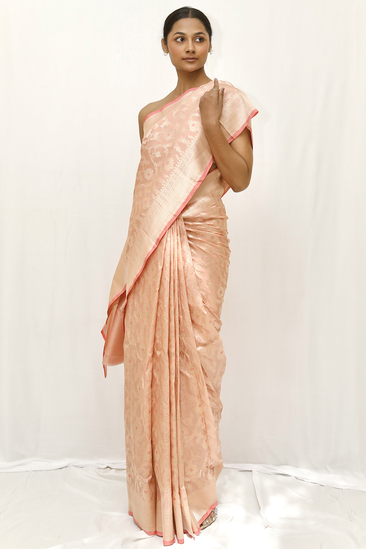 Peach Pure Katan Silk Zari Jaal Work Wedding Saree Set by Neha & Tarun at Pernia's Pop Up Shop
