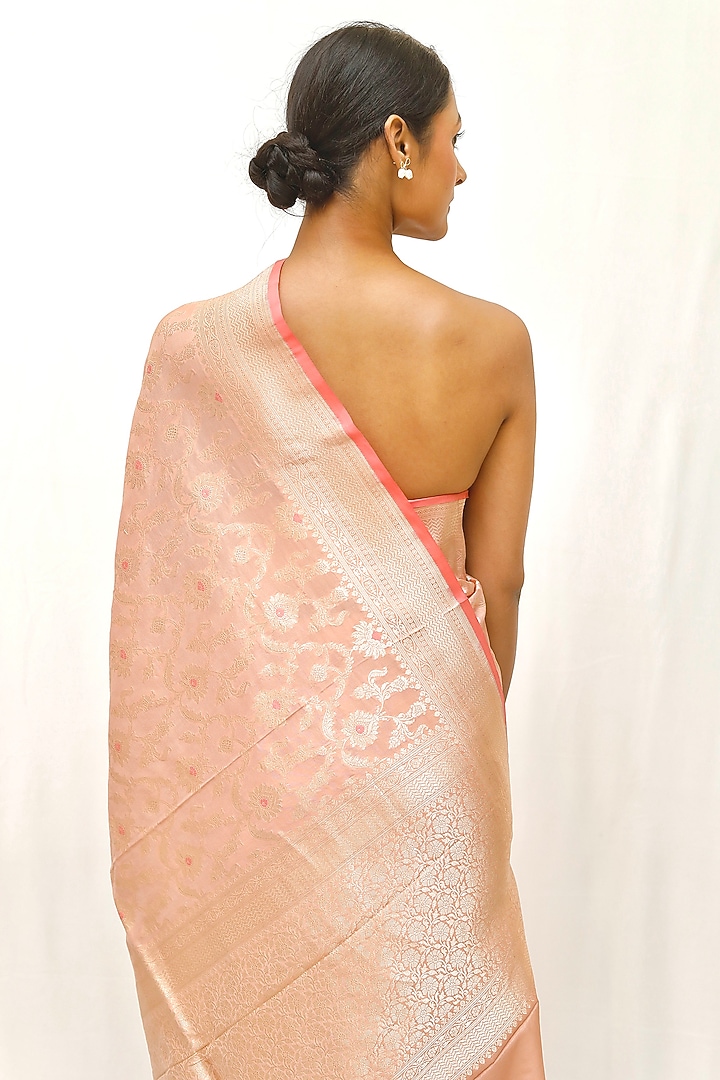 Peach Pure Katan Silk Zari Jaal Work Wedding Saree Set by Neha & Tarun at Pernia's Pop Up Shop