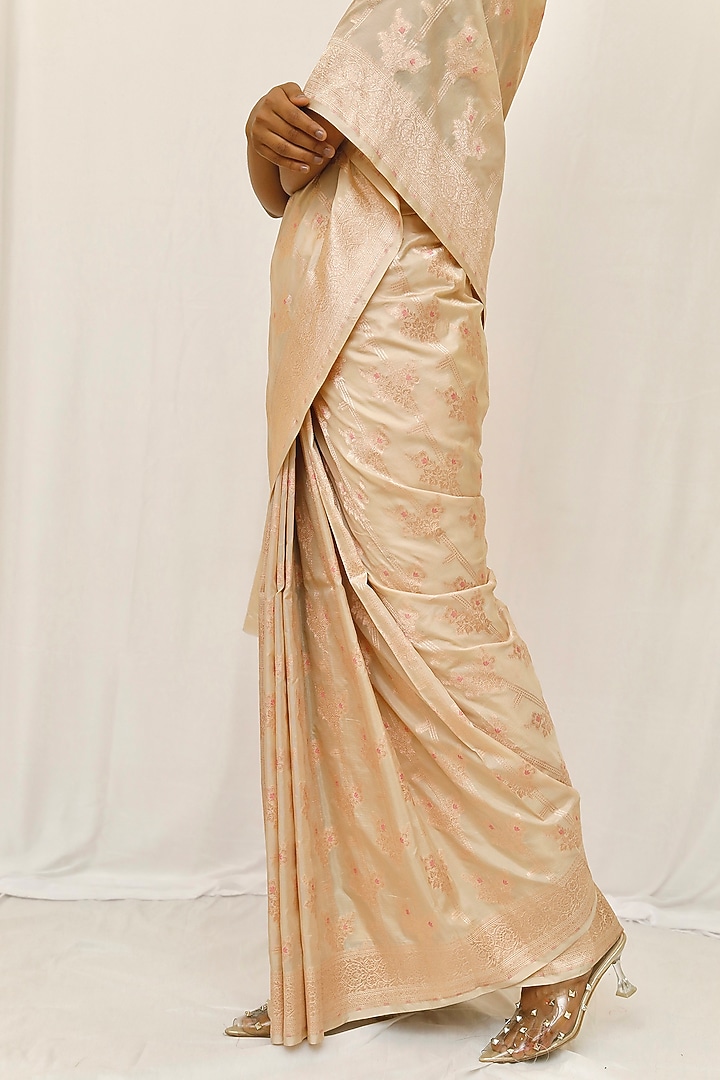 Gold Pure Katan Silk Zari Jaal Work Wedding Saree Set by Neha & Tarun at Pernia's Pop Up Shop