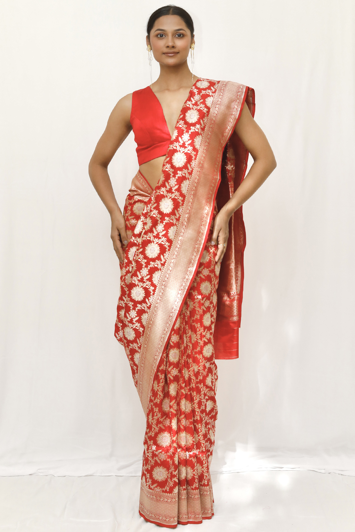 Red Pure Katan Silk Jaal Work Wedding Saree Set by Neha & Tarun at Pernia's Pop Up Shop