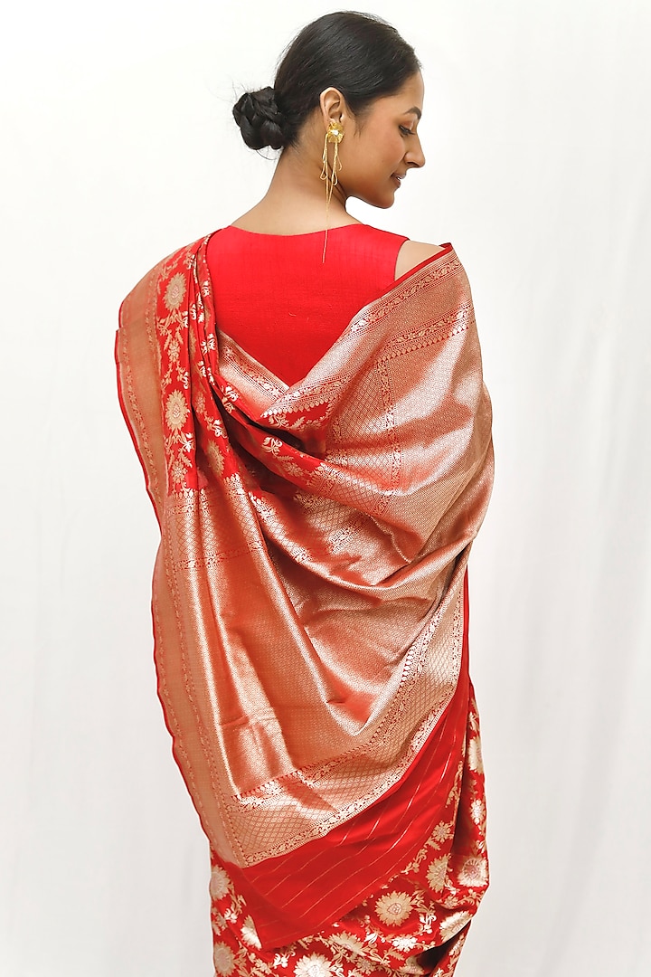 Red Pure Katan Silk Jaal Work Wedding Saree Set by Neha & Tarun at Pernia's Pop Up Shop