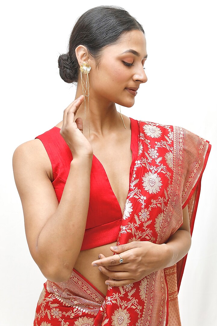 Red Pure Katan Silk Jaal Work Wedding Saree Set by Neha & Tarun at Pernia's Pop Up Shop