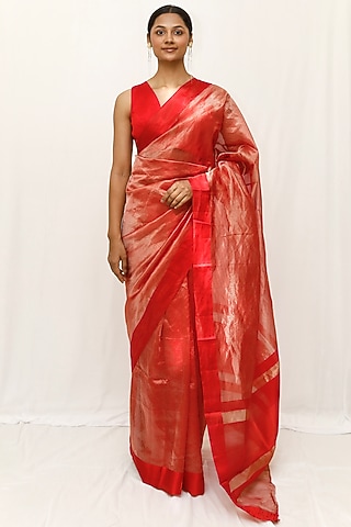 Red Tissue Jaal Work Saree Set by Neha & Tarun