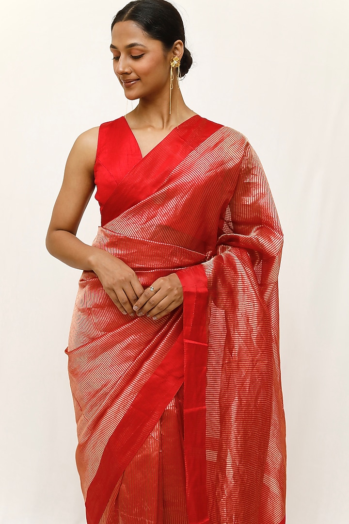 Red Tissue Jaal Work Party Wear Saree Set by Neha & Tarun at Pernia's Pop Up Shop