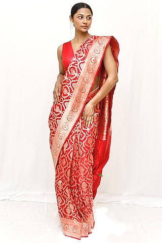Red Pure Katan Upada Silk Jaal Work Saree Set by Neha & Tarun