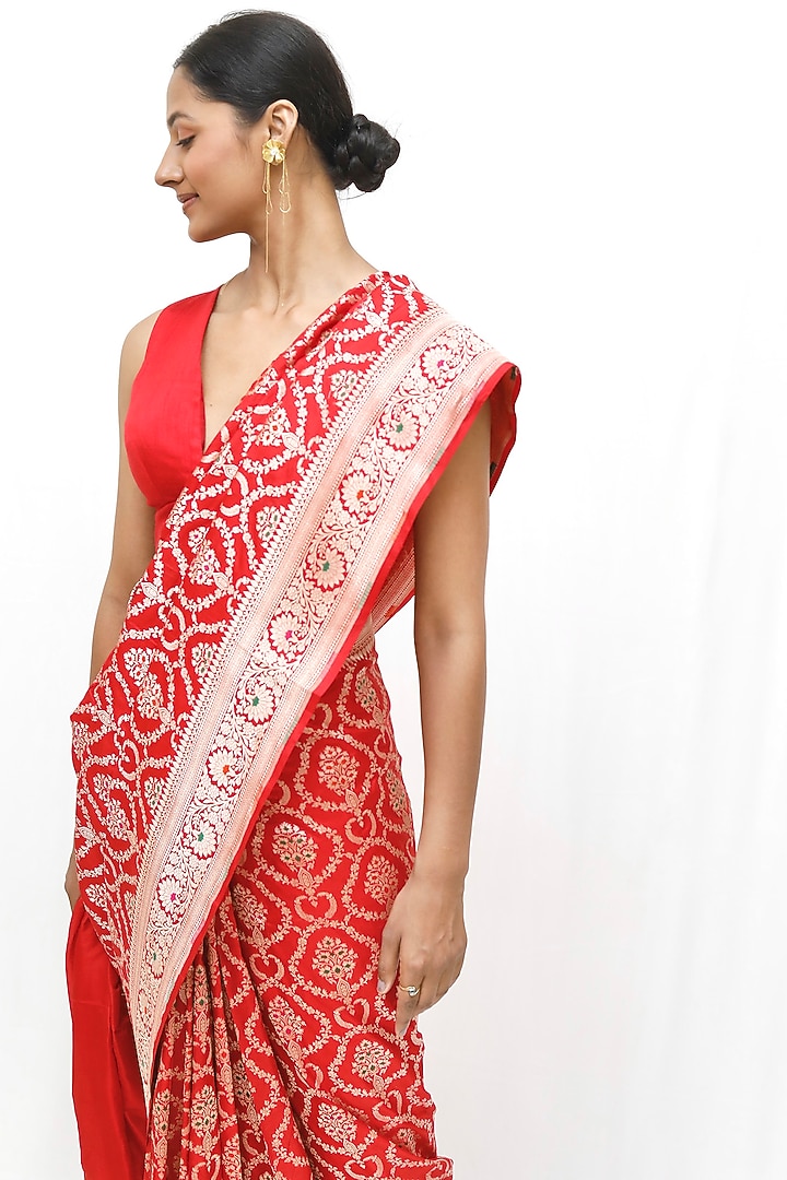 Red Pure Katan Upada Silk Jaal Work Wedding Saree Set by Neha & Tarun at Pernia's Pop Up Shop