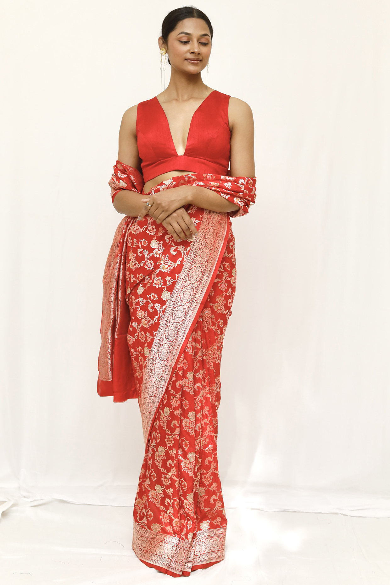 Red Pure Katan Silk Jaal Work Wedding Saree Set by Neha & Tarun at Pernia's Pop Up Shop