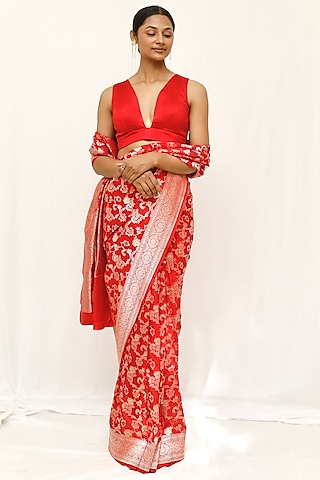 Red Pure Katan Silk Jaal Work Saree Set by Neha & Tarun