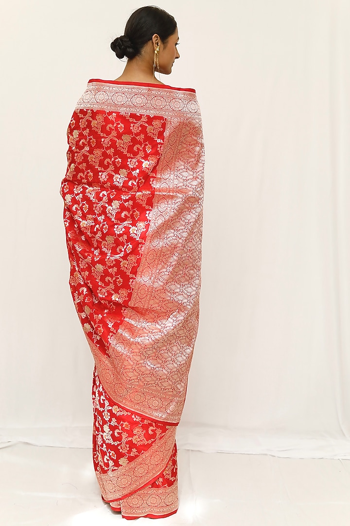Red Pure Katan Silk Jaal Work Wedding Saree Set by Neha & Tarun at Pernia's Pop Up Shop