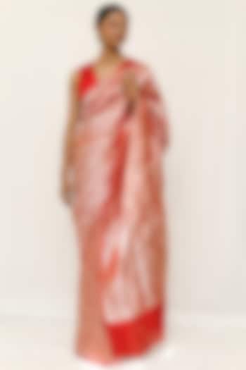 Red Pure Katan Silk Wedding Saree Set by Neha & Tarun at Pernia's Pop Up Shop